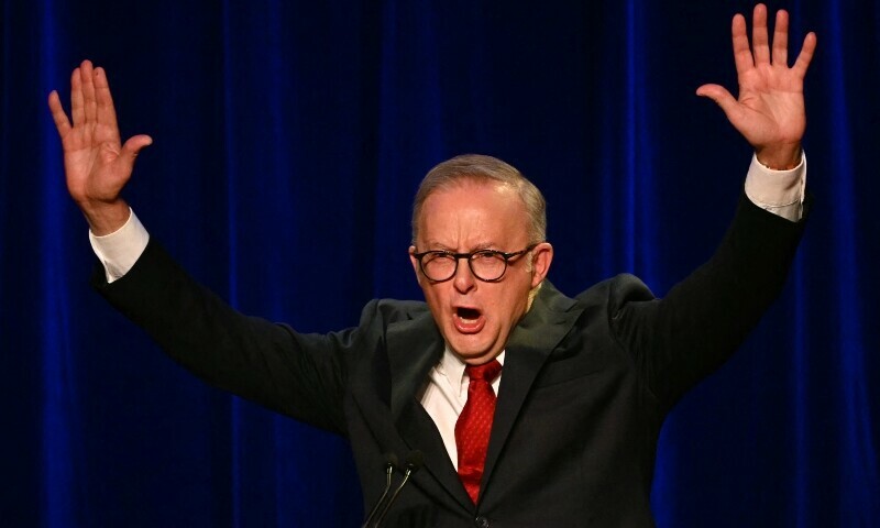 Australia&rsquo;s Prime Minister Anthony Albanese gestures after winning the general election at the Labour Party election night event in Sydney on May 3. &mdash; AFP