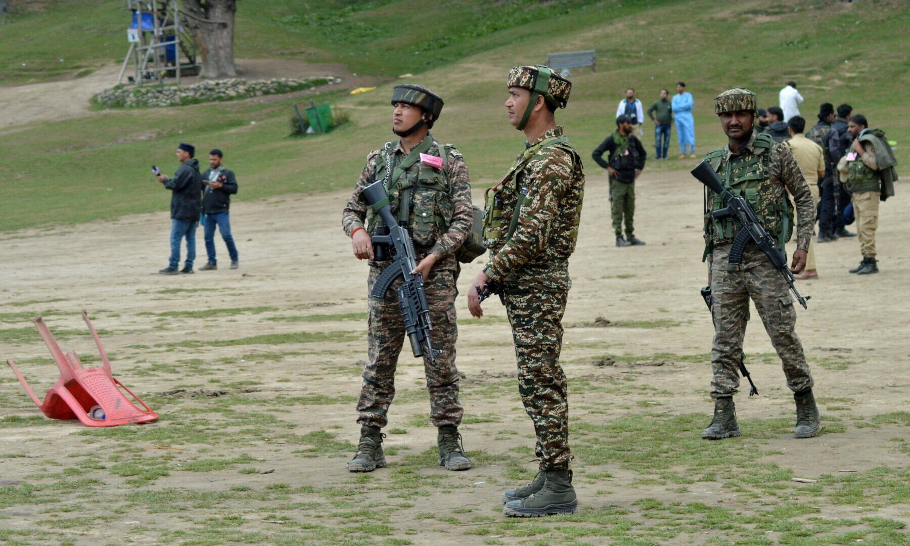 Indian security force personnel stand guard at the site of an attack on tourists in Baisaran near Pahalgam in occupied Kashmir&rsquo;s Anantnag district on April 23, 2025. &mdash; Reuters/Stringer/File