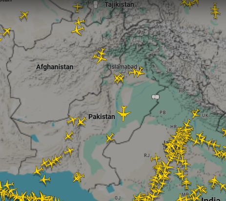 Screengrab from FlightRadar24 shows flights operating over Pakistan at 5:55pm on May 7