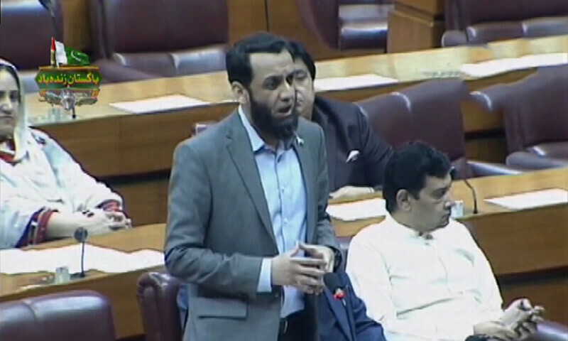 Information Minister Ataullah Tarar speaks on the floor of the National Assembly.