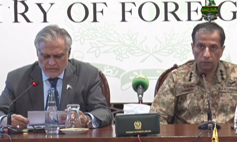 Foreign Minister Ishaq Dar (L) addressing a press conference with DG ISPR Lt Gen Ahmed Sharif Chaudhry (R), May 8, 2025. — DawnNewsTV