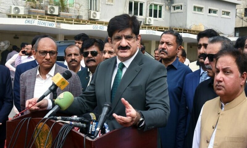 Sindh CM Murad Ali Shah speaks to media in Karachi at a ceremony to mark Youm-i-Tashakur. — X/@SindhCMHouse