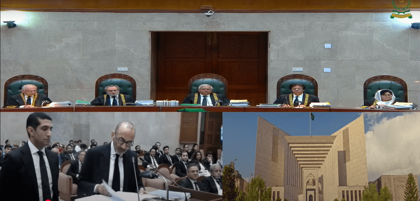 An 11-member constitutional bench (CB) of the Supreme Court live-streams its proceedings for the first time as it resumes hearing a set of review pleas in the reserved seats case.  — Screengrab via YouTube/SCPProceedings