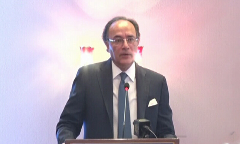 Finance Minister Muhammad Aurangzeb speaks at a press conference on Monday. — DawnNewsTv