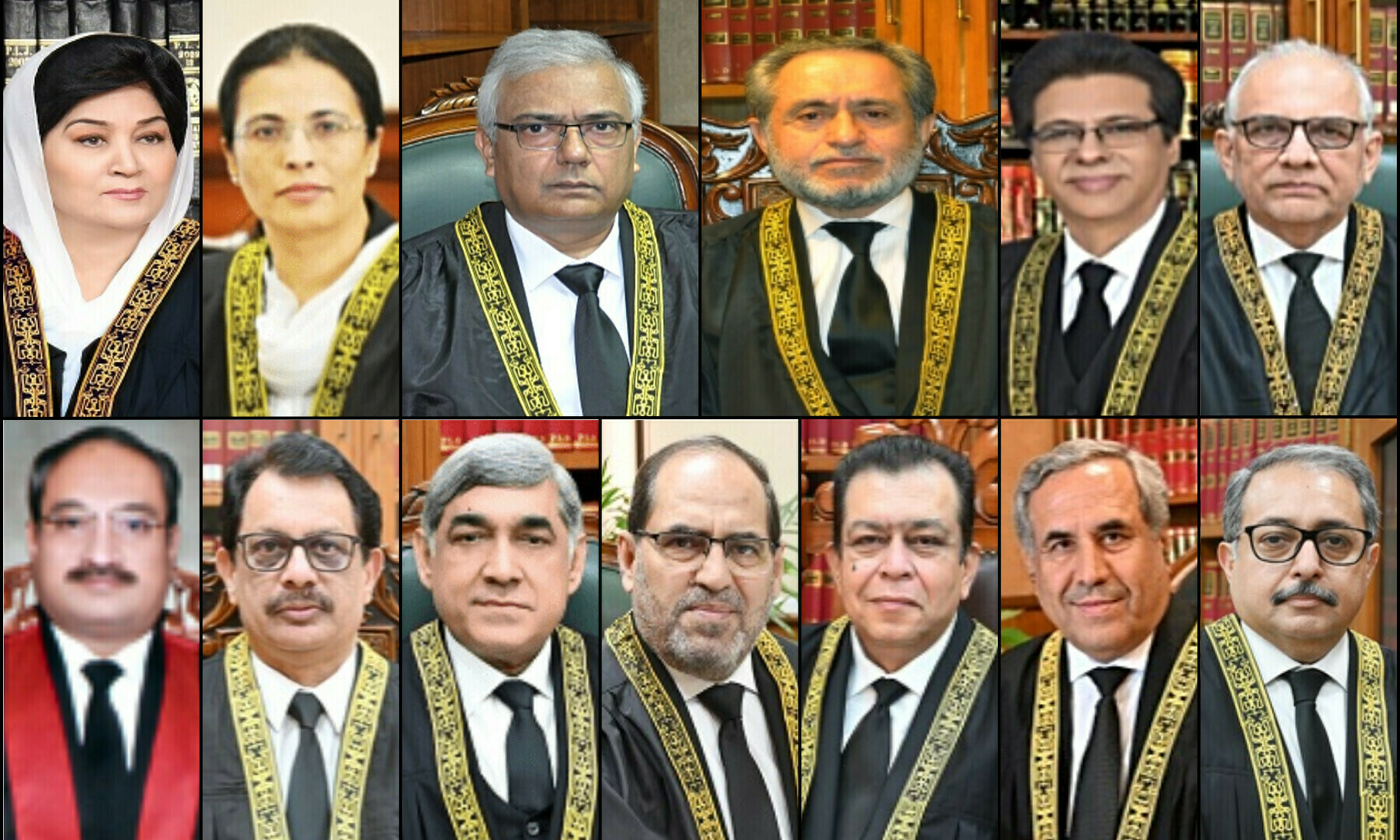  This photo combo shows (clockwise from L) Justices Musarrat Hilali,  Ayesha A. Malik, Aminuddin Khan, Jamal Khan Mandokhail, Muhammad Ali Mazhar, Syed Hasan Azhar Rizvi, Aamer Farooq, Hashim Khan Kakar, Shahid Bilal Hassan, Naeem Akhter Afghan, Aqeel Ahmed Abbasi, Salahuddin Panhwar and Ali Baqar Najafi. — SC website 