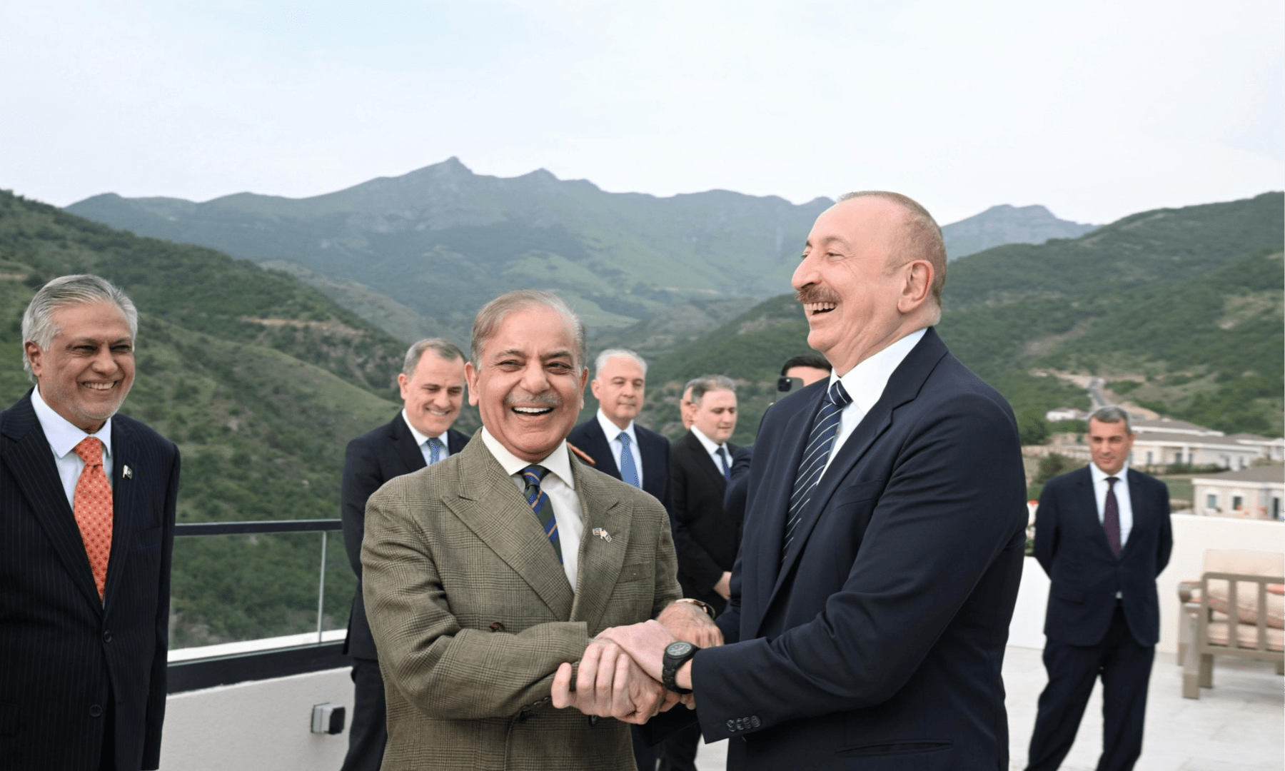 Prime Minister Shehbaz Sharif shares a cordial handshake with Azerbaijan President Ilham Aliyev in Lachin on May 27, 2025. — X/GovtofPakistan