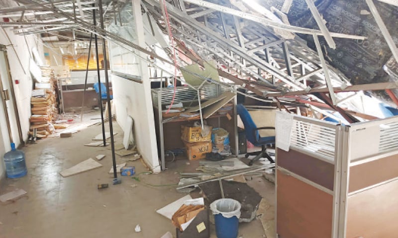 Temporary structure at Comsats University in Islamabad lying collapsed on Thursday. &mdash; White Star