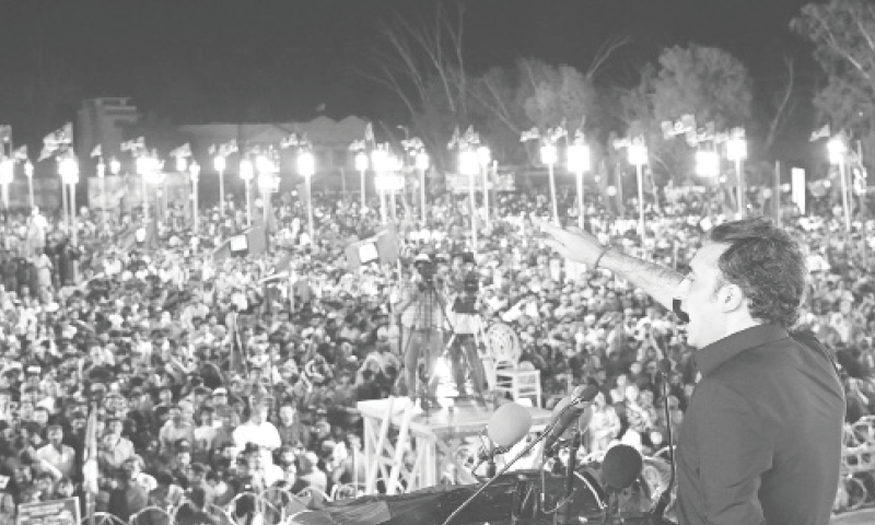 PPP Chairman Bilawal Bhutto-Zardari addresses a rally in Mirpurkhas.&mdash;Dawn