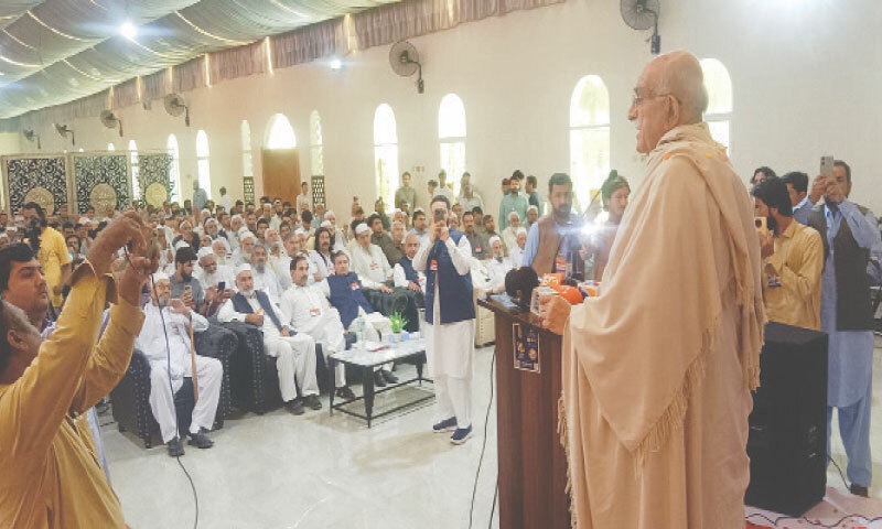 Pakhtunkwa Milli Awami Party chairman Mehmood Khan Achakzai addresses a jirga in Swabi on Saturday. &mdash; Dawn