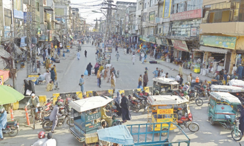 View of the pedestrian street in Rawalpindi&rsquo;s Raja Bazaar area. &mdash; Photo by Mohammad Asim