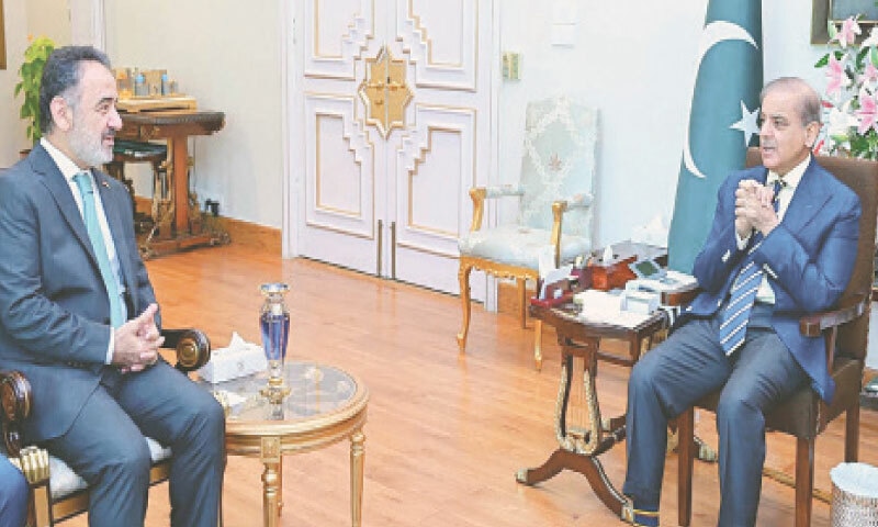 TURKISH Ambassador to Pakistan Dr Irfan Neziroglu meets Prime Minister Shehbaz Sharif at PM House on Saturday.—PPI TURKISH Ambassador to Pakistan Dr Irfan Neziroglu meets Prime Minister Shehbaz Sharif at PM House on Saturday.—PPI