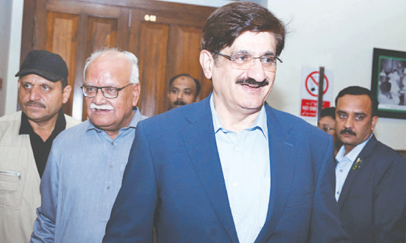 CM Murad Ali Shah and Senator-elect Waqar Mehdi (2nd from left) receive congratulations over PPP&rsquo;s Senate by-election victory.&mdash;PPI