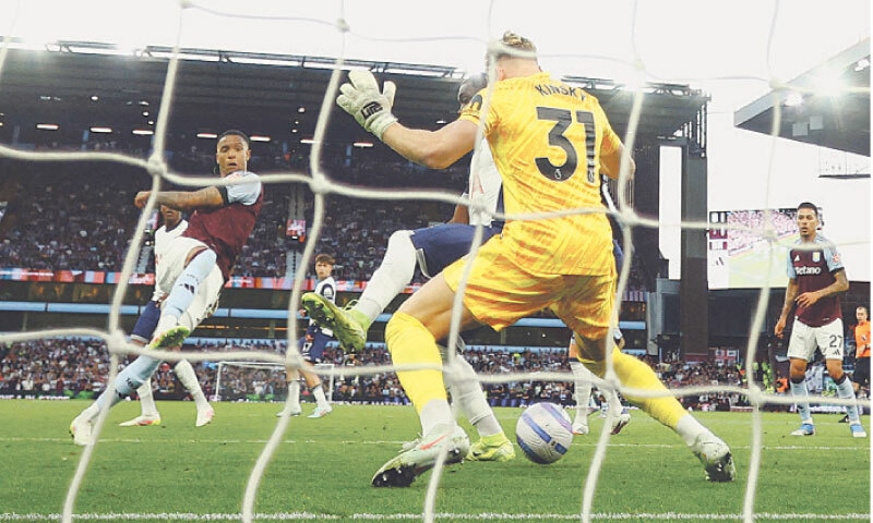 BIRMINGHAM: Aston Villa’s Ezri Konsa (L) scores past Tottenham Hotspur goalkeeper Antonin Kinsky during their Premier League match at Villa Park.—Reuters BIRMINGHAM: Aston Villa’s Ezri Konsa (L) scores past Tottenham Hotspur goalkeeper Antonin Kinsky during their Premier League match at Villa Park.—Reuters