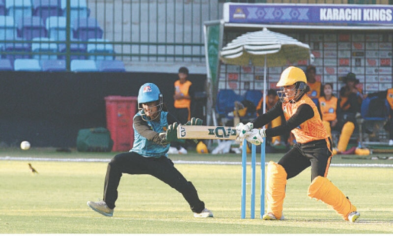 KARACHI: Stars captain Sidra Amin plays a shot during the National Women&rsquo;s T20 Tournament match against Invincibles at the HPC Oval Ground of the National Bank Stadium on Saturday.&mdash;Tahir Jamal/White Star