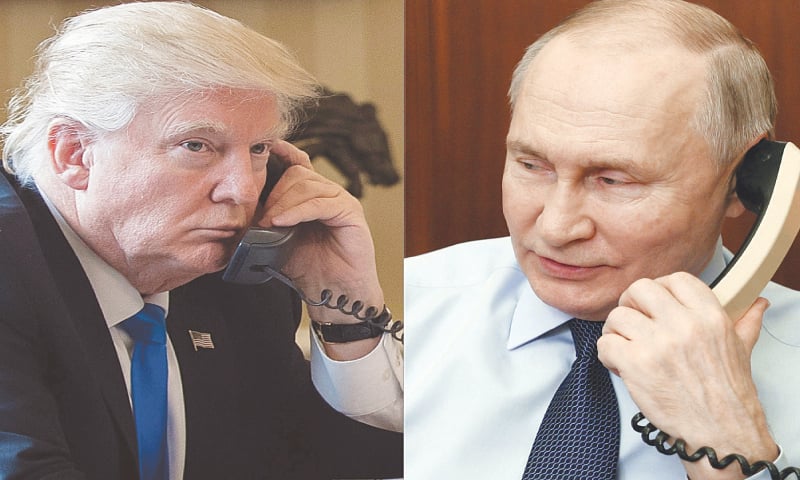 A COMBO shows President Donald Trump (left) on the phone on Jan 28, 2017, in Washington; and Russia&rsquo;s President Vladimir Putin on the phone in Moscow on Dec 27, 2023.&mdash;AFP
