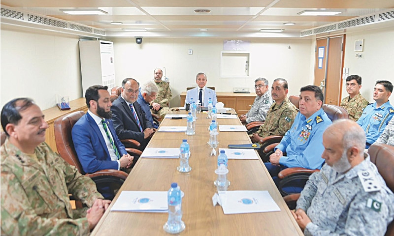 Prime Minister Shehbaz Sharif chairs a meeting on the navy&rsquo;s operational preparedness at the Naval Dockyard in Karachi, on Monday.&mdash;PM Office
