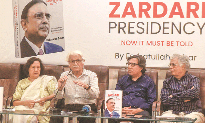 Farhatullah Babar, alongside Ameena Saiyid, Fazil Jamili and Ghazi Salahuddin, speaks at the event.&mdash;Fahim Siddiqi / White Star