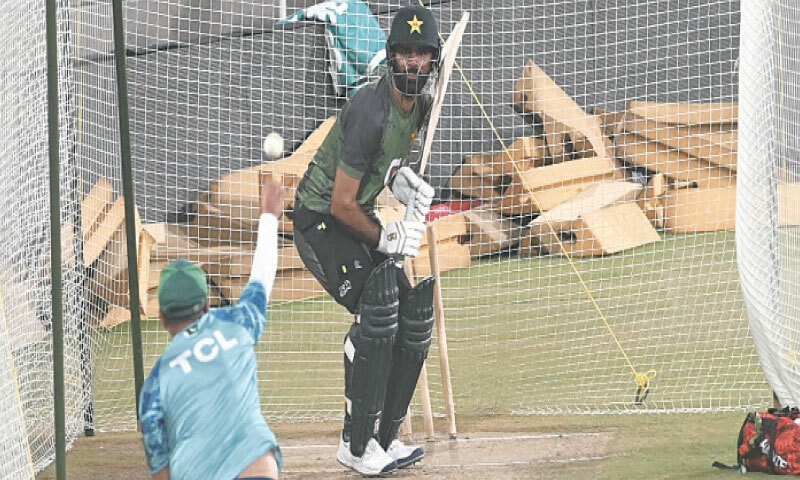 Lahore: Pakistan batter Fakhar Zaman attends a net practice session at the Gaddafi Stadium on Tuesday.—M. Arif/White Star