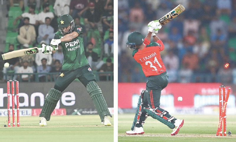 PAKISTAN captain Salman Ali Agha plays a shot during the first T20 International against Bangladesh at the Gaddafi Stadium on Wednesday; Bangladesh opener Tanzid Hasan is cleaned up by Pakistan pacer Hasan Ali.—M. Arif/White Star