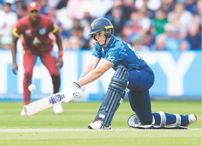 BIRMINGHAM: England batter Jacob Bethell plays a shot during his whirlwind 82 in the first One-day International against the West Indies at Edgbaston on Thursday.—Reuters