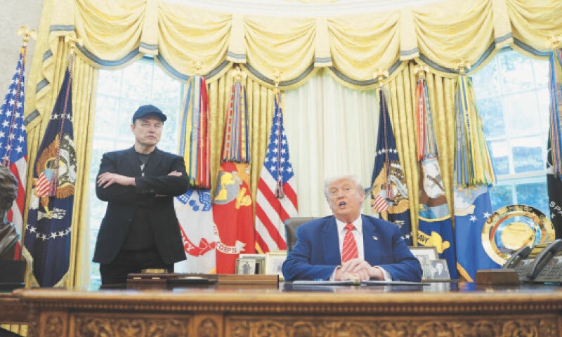 WASHINGTON: US President Donald Trump and Elon Musk attend a press conference in the Oval Office on Friday. Mr Trump hosted a grand farewell for Mr Musk who ended his turbulent reign as the government&rsquo;s cost cutter-in-chief.&mdash;Reuters