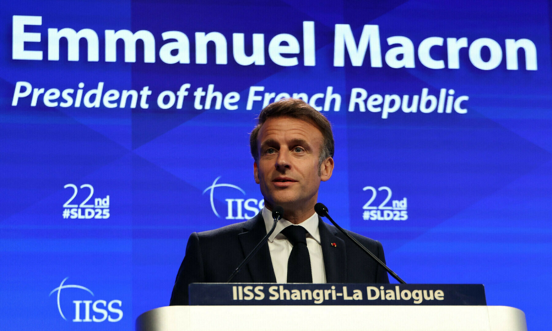 France’s President Emmanuel Macron gives the keynote address at the Shangri-La Dialogue Summit in Singapore on May 30, 2025. — AFP