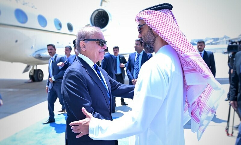 Prime Minister Shehbaz Sharif is received by UAE’s National Security Adviser Sheikh Tahnoun bin Zayed Al-Nahyan in Abu Dhabi, June 12. — PID