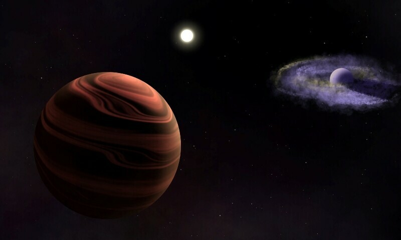 An artist’s rendition of the sun-like star YSES-1 in the centre, with the planet YSES-1 b and its dusty circumplanetary disk (right) and the planet YSES-1 c with silicate clouds in its atmosphere (left), is seen in this handout image obtained by Reuters on June 11. — Reuters