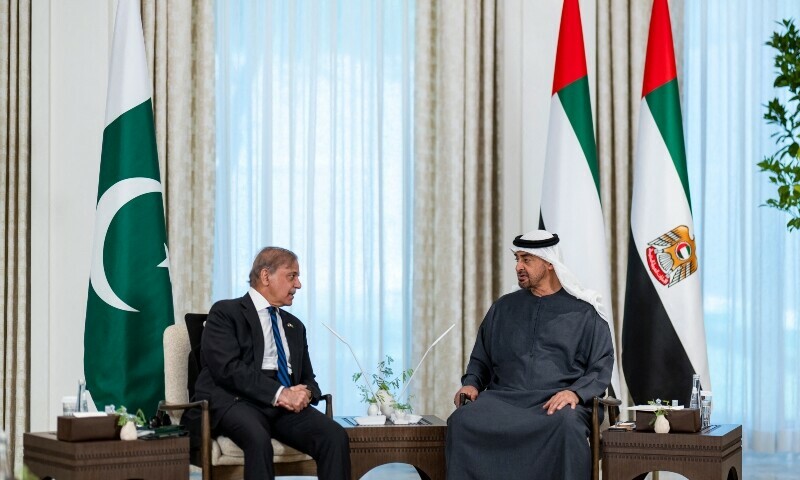 President Sheikh Mohamed bin Zayed Al Nahyan of the UAE (right) meets Prime Minister Shehbaz Sharif at Al Shati Palace on Thursday.—AFP