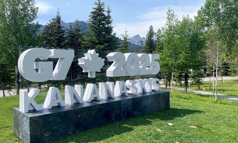 A landmark sign of the G7 2025 logo is seen on the lawn outside the Banff media center ahead of the Group of Seven (G7) Summit in Kananaskis, Alberta, Canada on June 16, 2025. &mdash; AFP