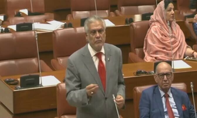 Foreign Minister Ishaq Dar speaks during the Senate session, June 16. — DawnNewsTV