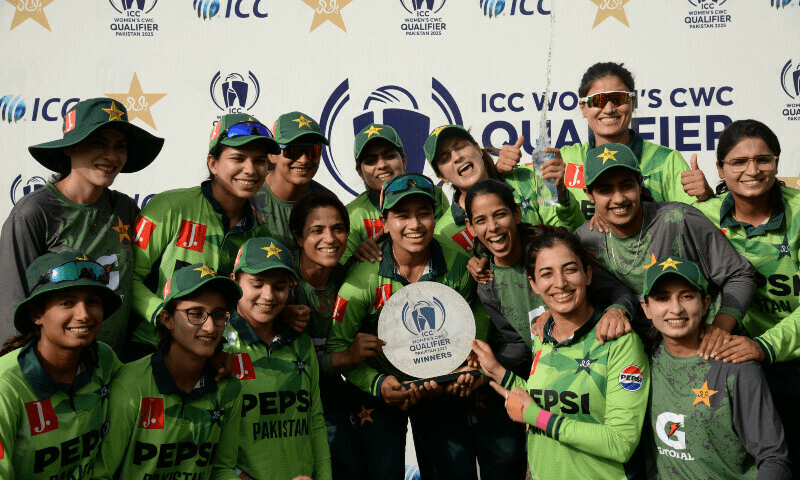 Pakistan celebrate with the winners trophy after beating Bangladesh in their final match of the ICC Women’s World Cup 2025 Qualifiers, in Lahore on Saturday. — X/PCB