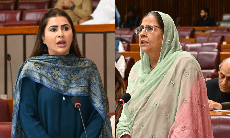 This photo combo shows PPP’s Shazia Marri (L) and MQM’s Nikhat Shakil (R) addressing the NA on June 17, 2025. — X/NAofPakistan
