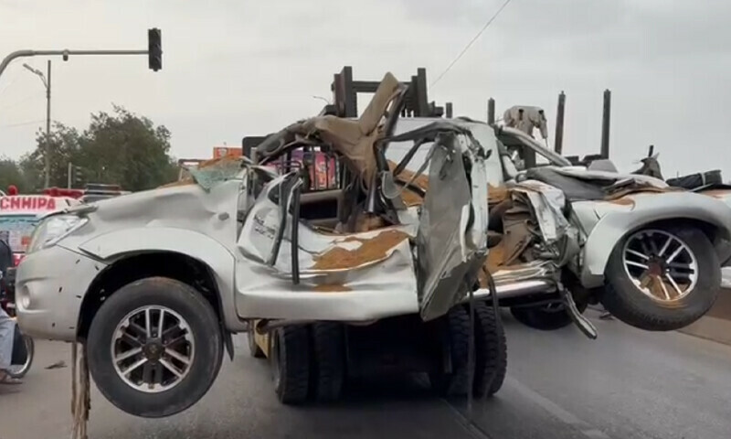 Picture of the crushed double-cabin pickup involved in the accident on June 19. — DawnNewsTV