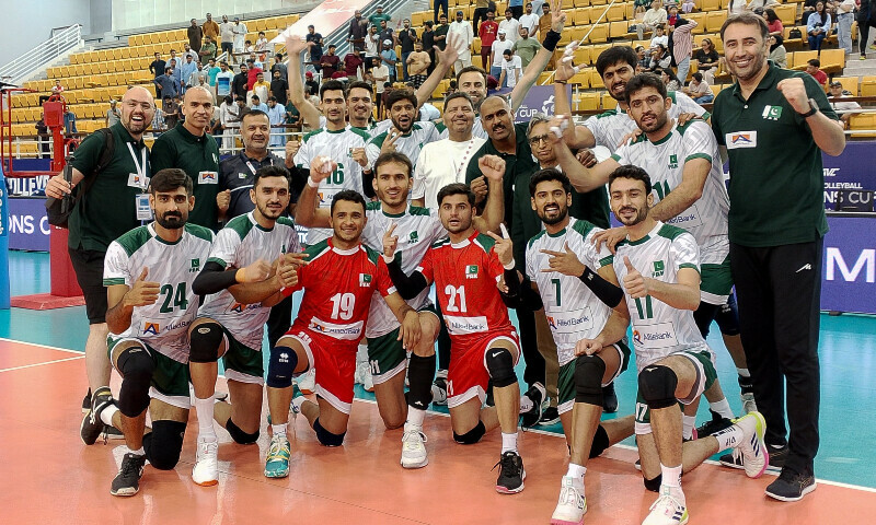 Pakistan men’s volleyball team celebrate after beating Chinese Taipei in the Asian Volleyball Federation Nations Cup on June 19. — X/PVF