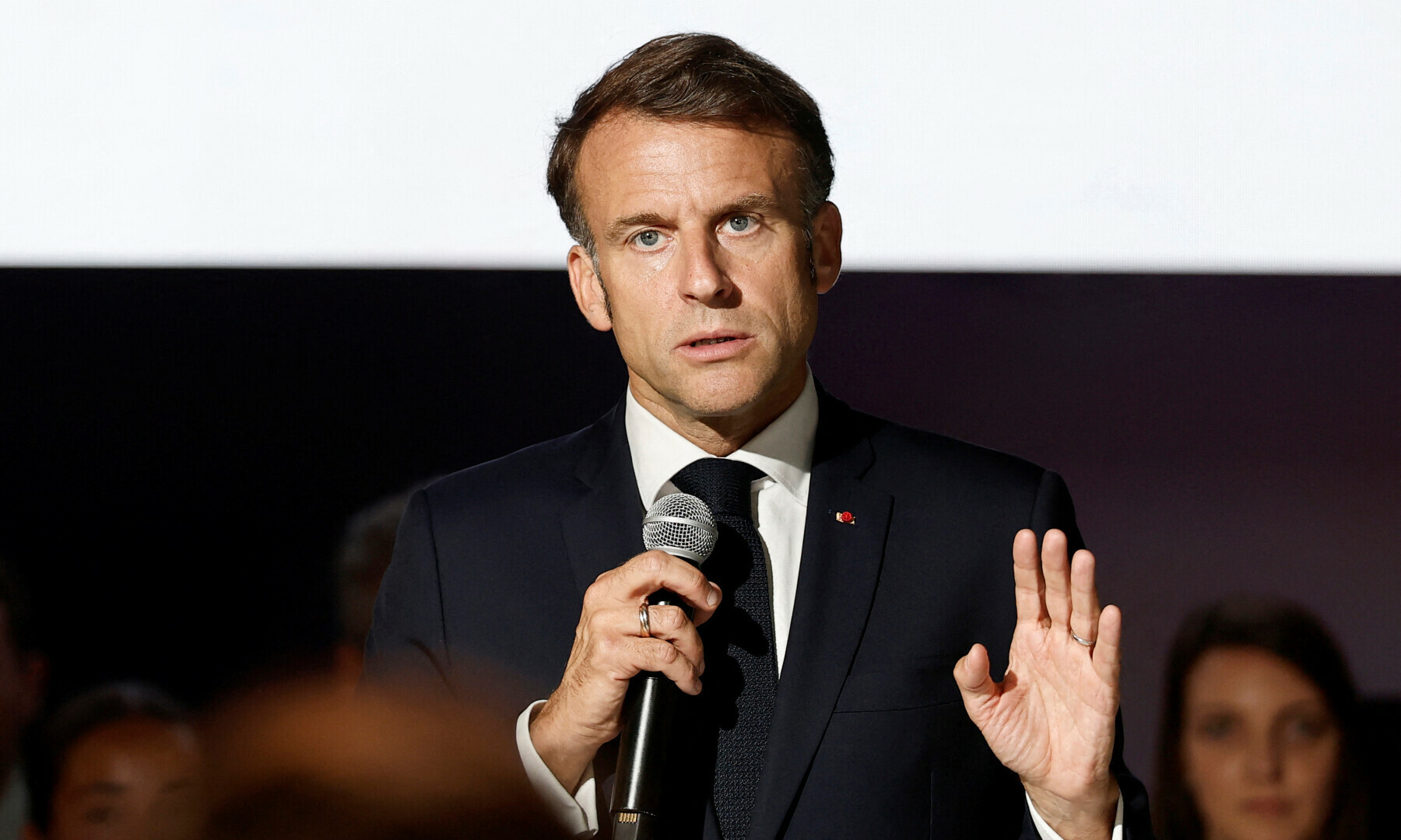  French President Emmanuel Macron delivers a speech at the Paris Space Hub stand during a visit to the 55th International Paris Airshow at Le Bourget Airport near Paris, France on June 20, 2025. &mdash; Reuters/Benoit Tessier/Pool 