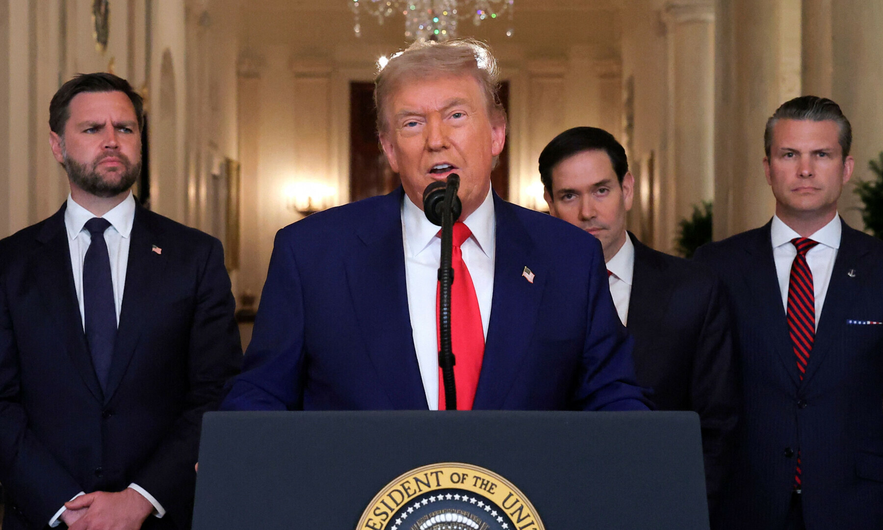 US President Donald Trump addresses the nation, alongside US Vice President JD Vance (L), US Secretary of State Marco Rubio (2nd R) and US Secretary of Defence Pete Hegseth (R), from the White House in Washington, DC on June 21, 2025. — AFP