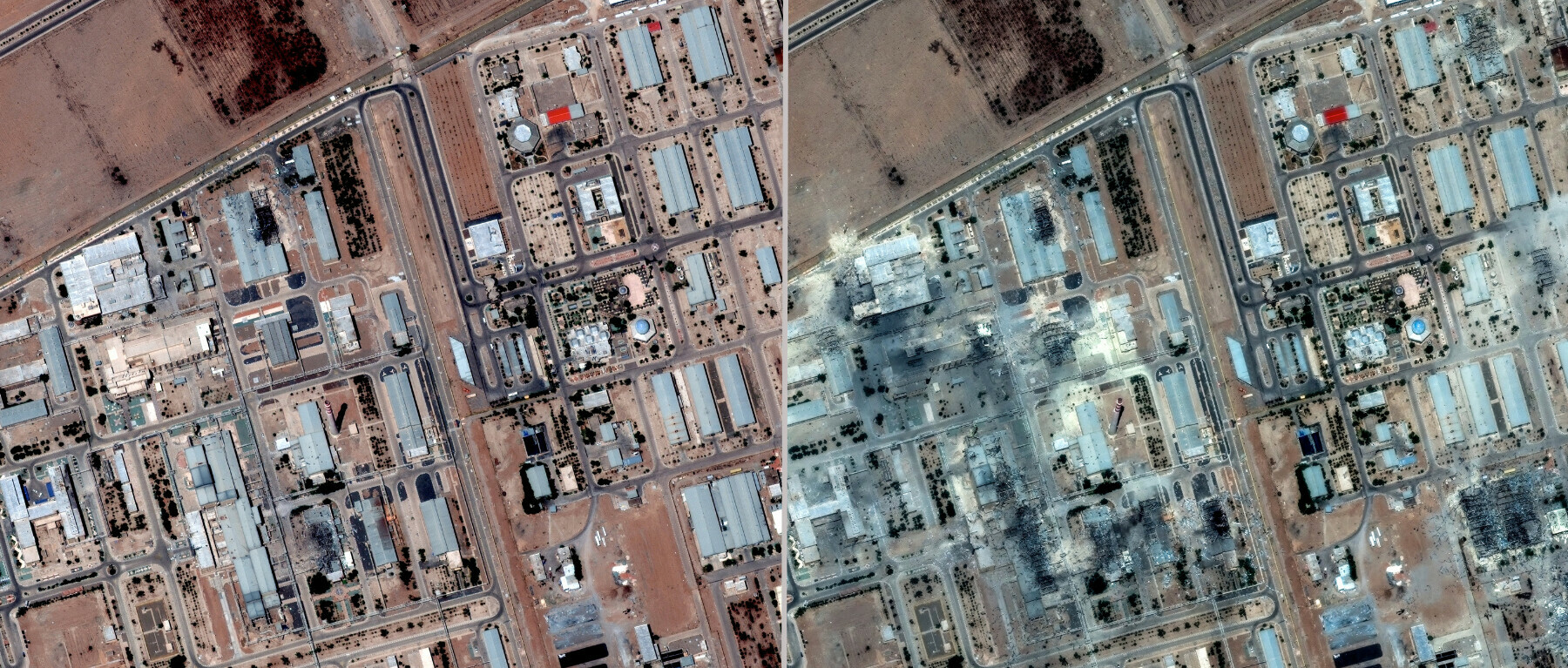 A combination picture shows satellite images over Isfahan Nuclear Technology Centre in Iran on June 16, 2025 (L) after Israeli strikes and after the US attacks on June 22, 2025 (R). — Maxar Technologies/Handout via Reuters 