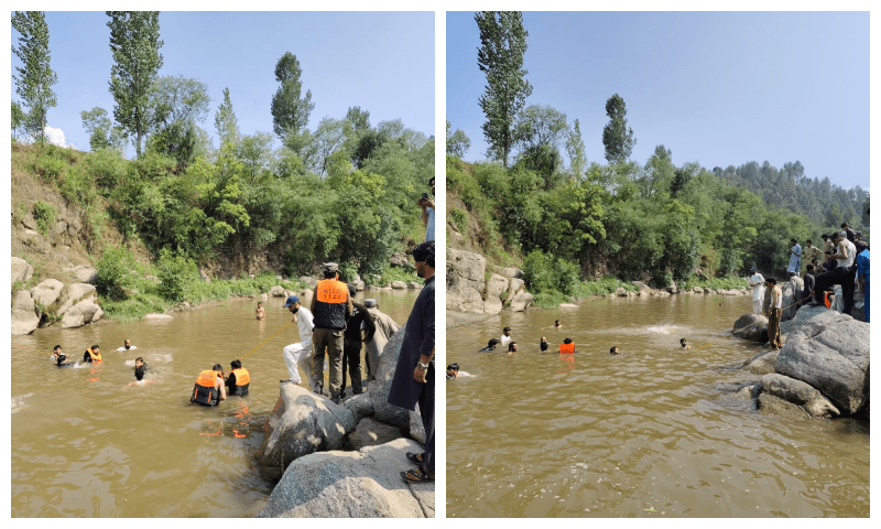 Photos of Rescue 1122 officials searching the Nendhyar river for the missing third boy. — photos by author