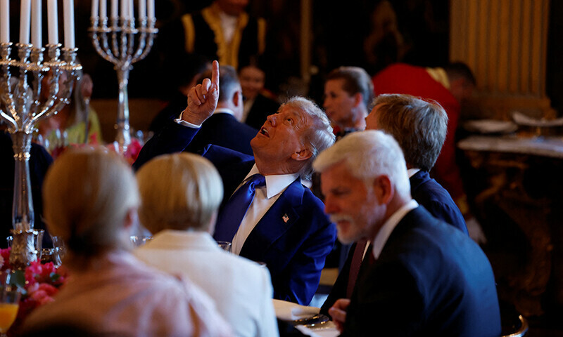 US President Donald Trump and Dutch King Willem-Alexander look up ahead of a dinner with heads of state and government at Paleis Huis Ten Bosch at the invitation of Dutch King Willem-Alexander, in The Hague, The Netherlands, 24 June 2025. — Reuters