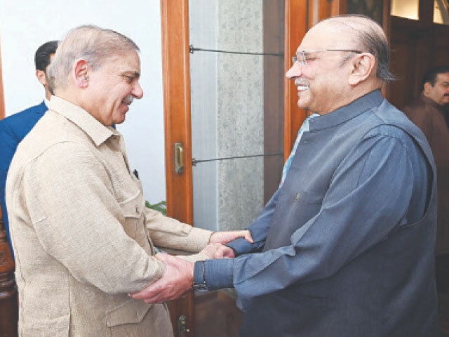 LAHORE: President Asif Ali Zardari greets PM Shehbaz Sharif ahead of their meeting at Governor’s House.—White Star