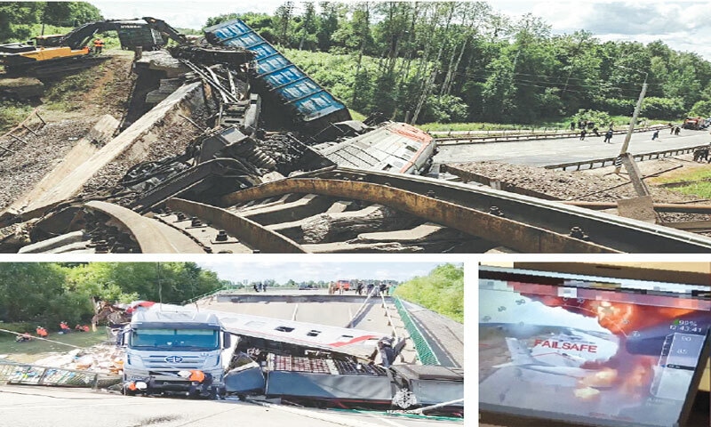 (Clockwise) A damaged freight train at the site of a railway bridge collapse in the Kursk region; a grab from a video released by Ukrainian secret services purportedly shows several aircraft on fire on Belaya airbase in eastern Siberia, over 4,200km from Ukraine; and, emergency personnel work at the scene after a road bridge collapsed onto railway tracks, derailing an approaching train in the Bryansk region.&mdash;AFP/Reuters