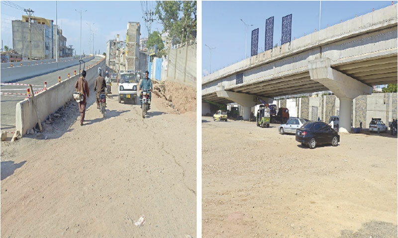 With Nawaz Sharif Flyover on Adiala Road likely to be inaugurated after Eidul Azha, work on its service roads has yet to be completed. &mdash; Photos by Mohammad Asim