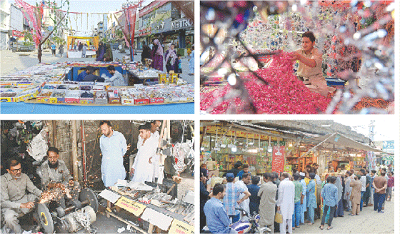 (Clockwise from top) Bangle stalls have been set up in Saddar area, a vendor displays rose petals at Banni, people throng a shop to buy spices in Rawalpindi while a knife grinder sharpens knives in Islamabad&rsquo;s Aabpara Market on the eve of Eidul Azha on Friday. &mdash; Photos by Mohammad Asim