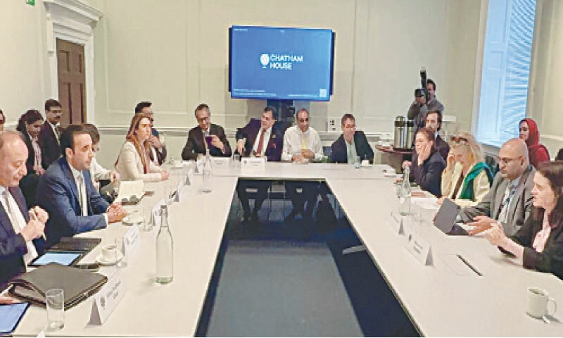 A delegation, led by former foreign minister Bilawal Bhutto-Zardari, engages with members of a British think tank, academia, and policymaking community at a roundtable conference at Chatham House.—Dawn A delegation, led by former foreign minister Bilawal Bhutto-Zardari, engages with members of a British think tank, academia, and policymaking community at a roundtable conference at Chatham House.—Dawn