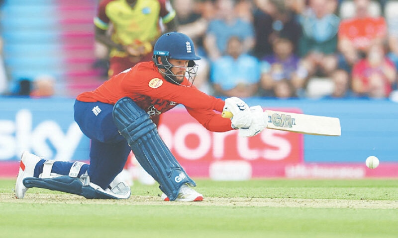 ENGLAND opener Ben Duckett plays a shot during the third Twenty20 International against the West Indies at Rose Bowl.&mdash;Reuters