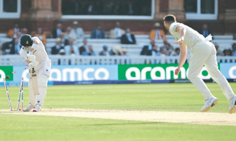 BAILS fly as South African batter Tristan Stubbs loses his wicket off the bowling of Australian pacer Josh Hazlewood during the ICC World Test Championship final at Lord’s on Wednesday.—AFP