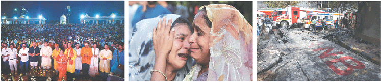  (LEFT to right) People hold candles as they take part in a prayer for the victims of the Ahmedabad crash, in Patna; a woman mourning the death of her husband is consoled by a relative; and, a piece of wreckage from the crashed Boeing 787 Dreamliner lies at the site.—AFP/Reuters 
