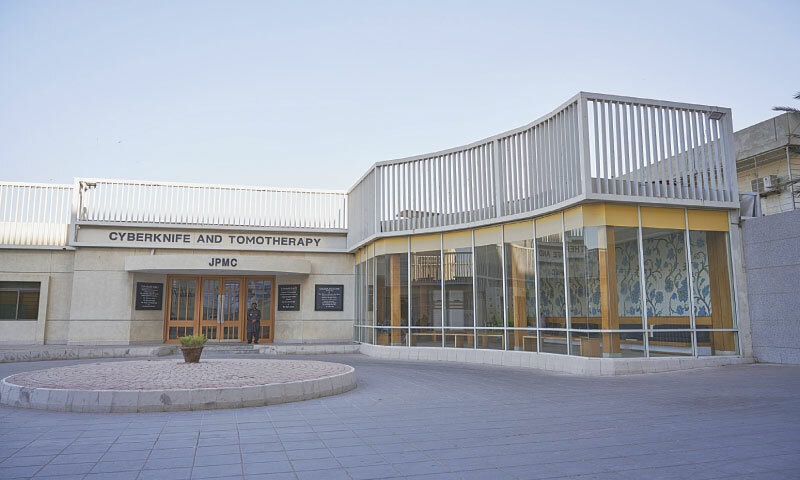 Exterior of the Cyberknife and Tomotherapy department at JPMC in Karachi
