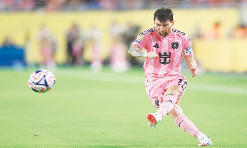 MIAMI: Inter Miami&rsquo;s Lionel Messi takes a free kick during the Group &lsquo;A&rsquo; match against Al Ahly at Hard Rock Stadium.&mdash;AFP